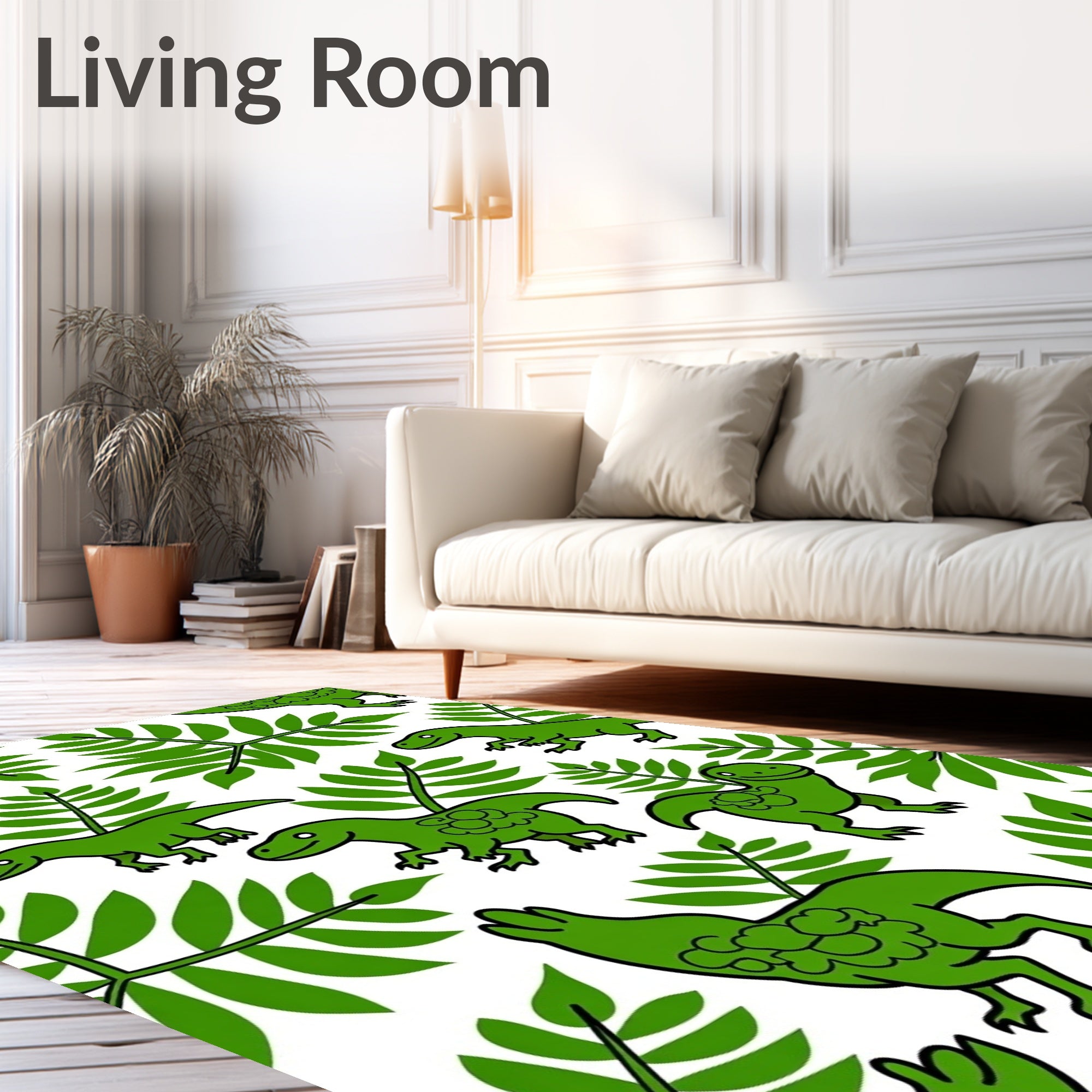 Green Dinosaurs With Fern Leaves Rug