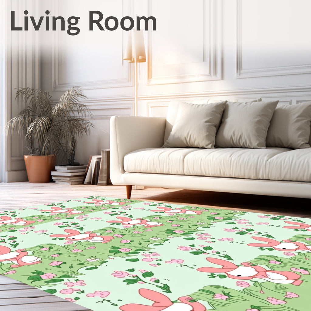 Pink Bunny Floral Meadow Scene Rug
