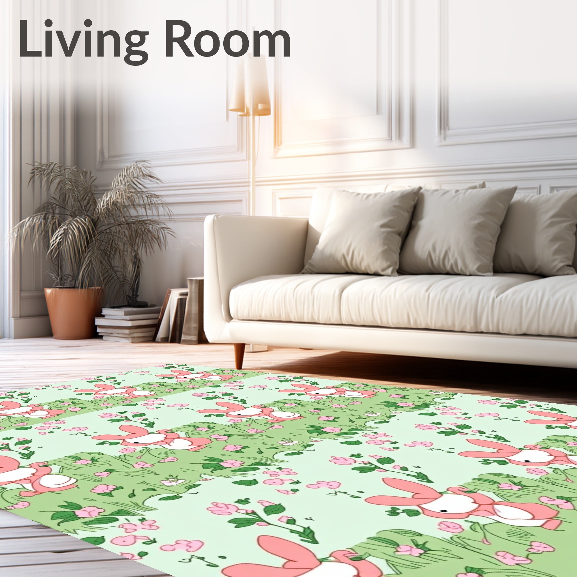 Pink Bunny Floral Meadow Scene Rug