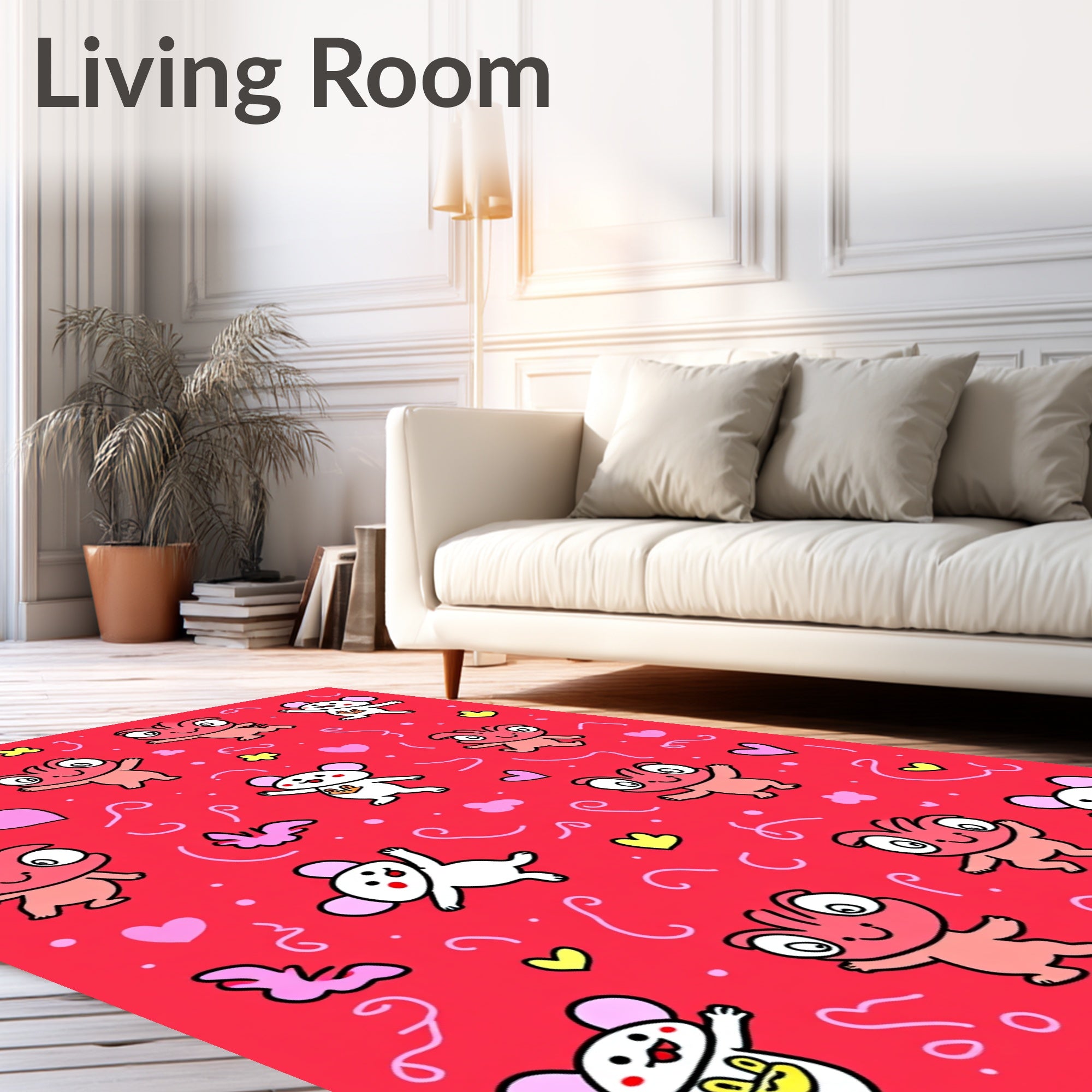 Whimsical Red Creatures Hearts Swirls Rug