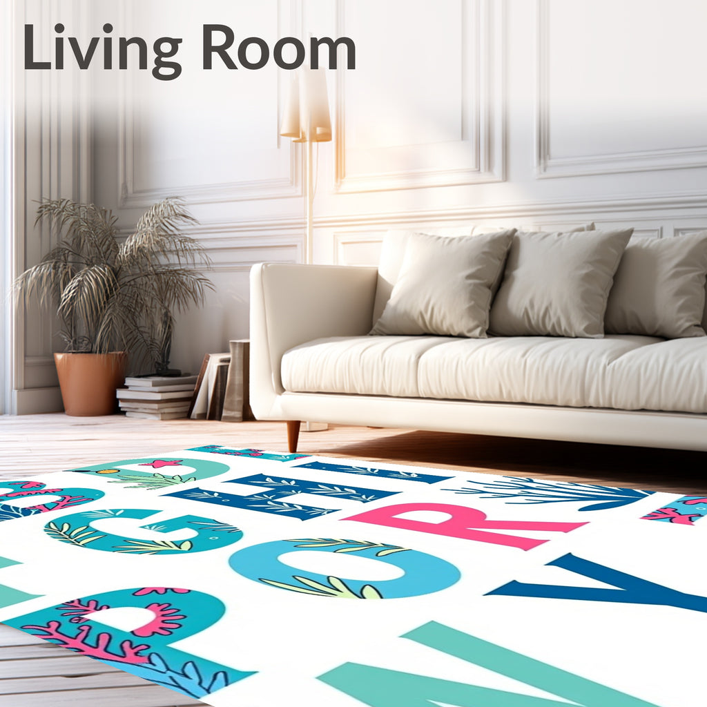 Teal Coral Alphabet Collage Rug