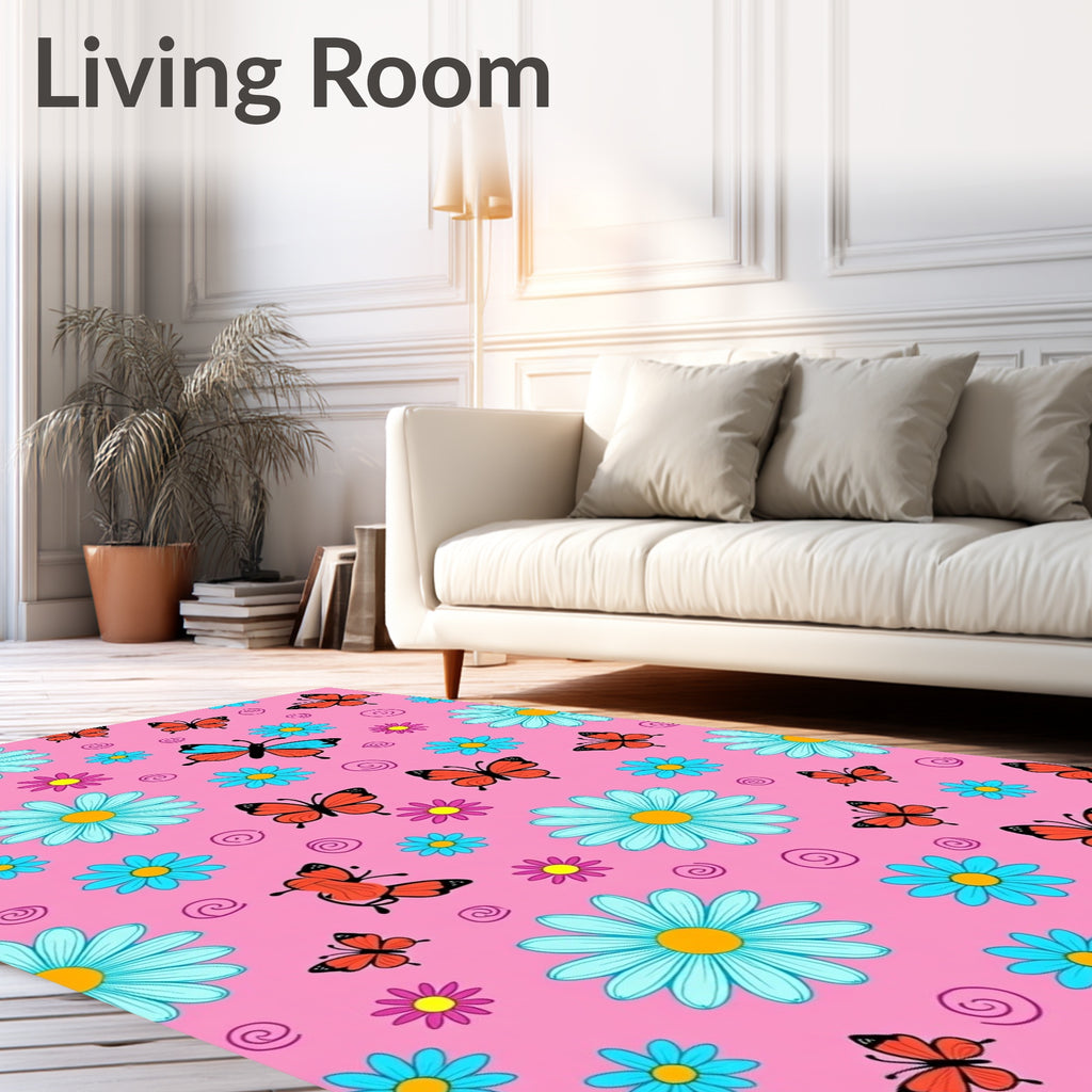 Pink Orange Butterfly Daisy Swirl Rug