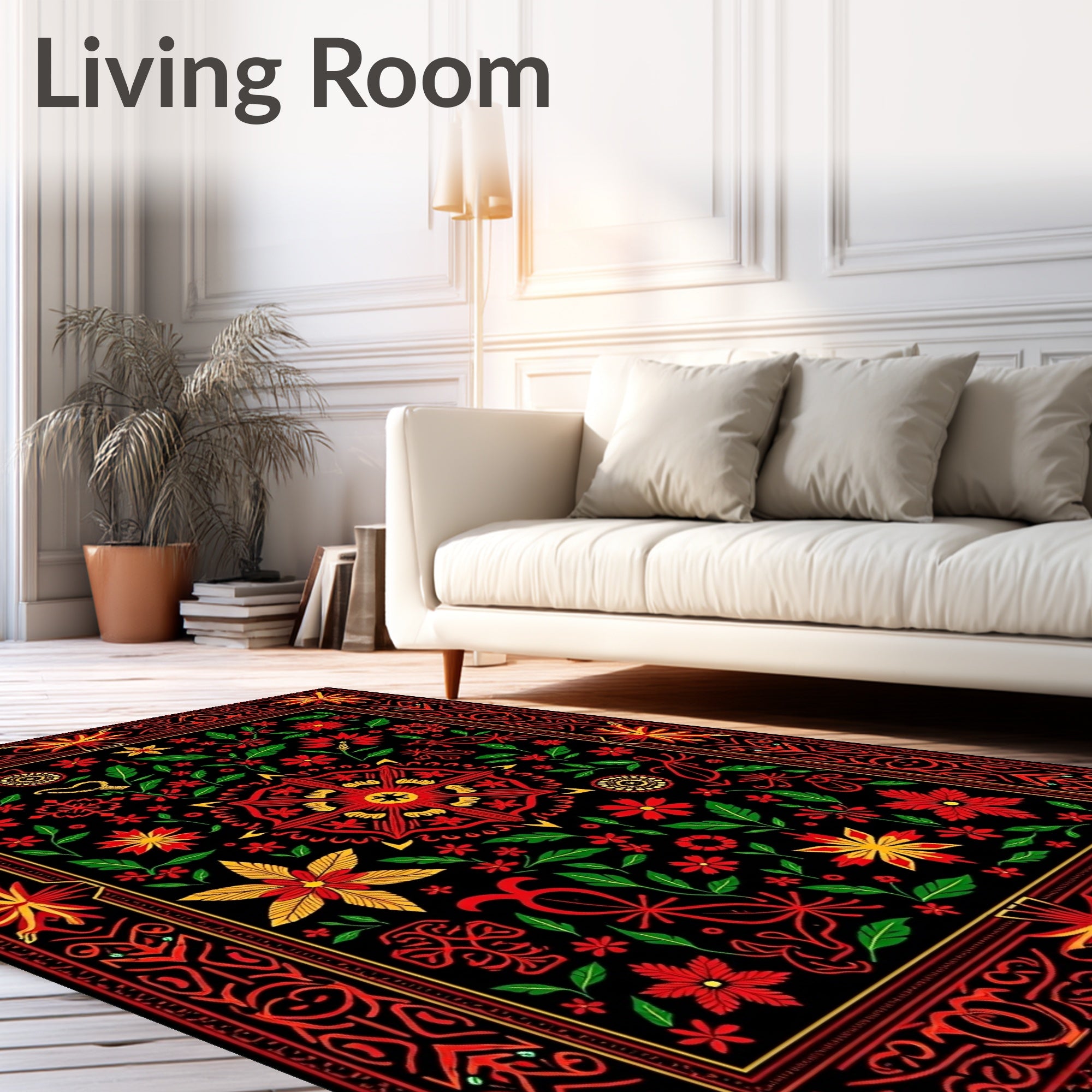 Bold Red Floral Folk Art Rug
