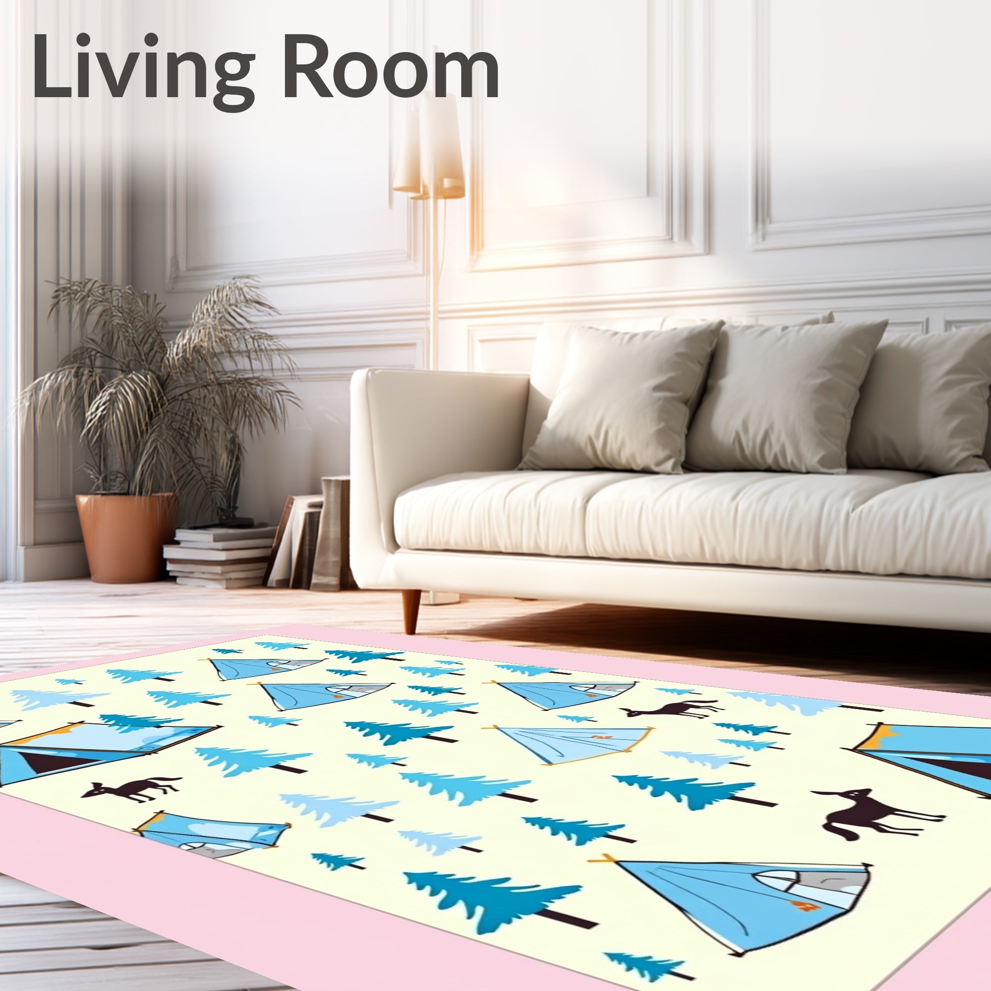 Blue Camping Tents And Forest Animals Rug