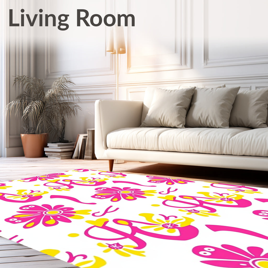 Whimsical Pink Yellow Floral Swirls Rug