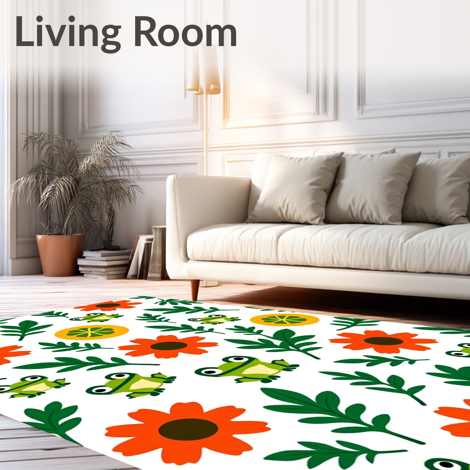 Cute Frogs Orange Flowers Green Leaves Rug