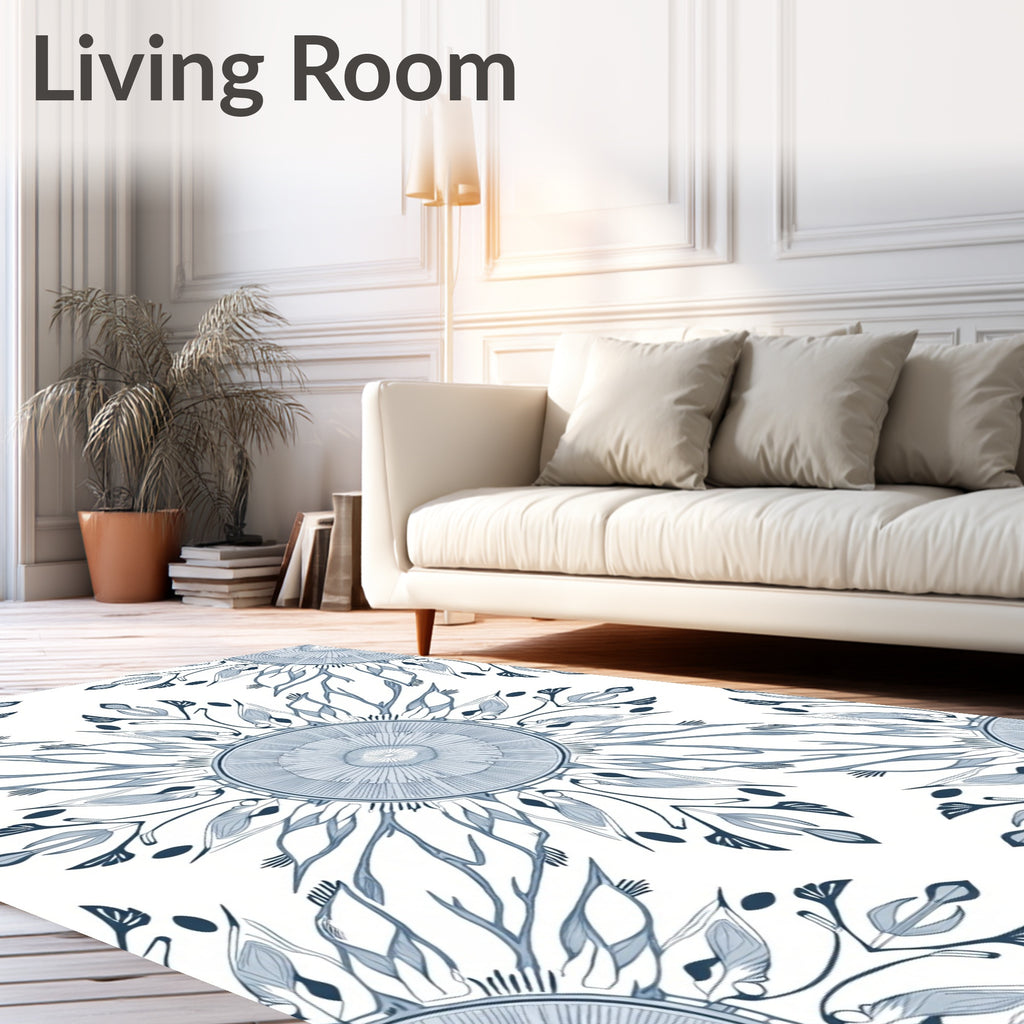 Delicate Blue Floral Sunburst Artwork Rug