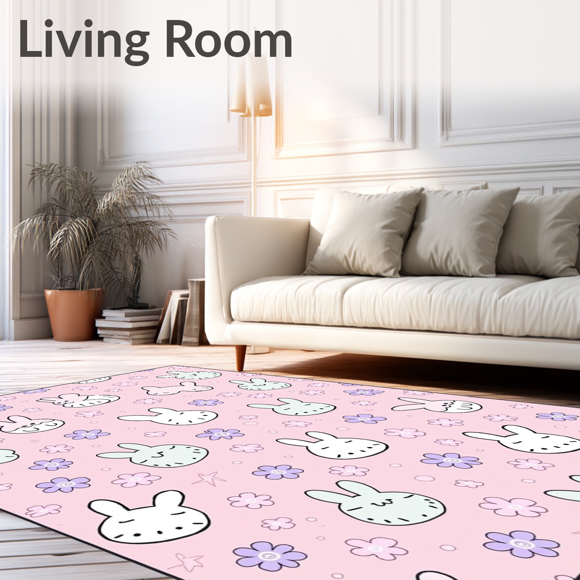 Cute Pink Bunny Flower Collage Rug