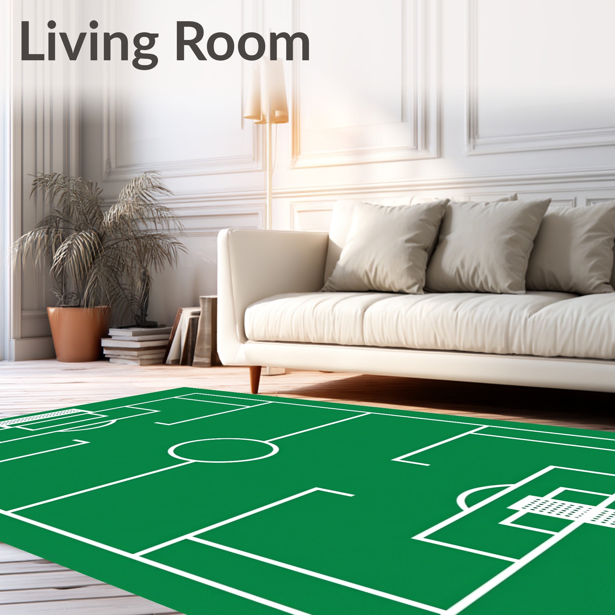 Soccer Field Green White Geometric Grid Rug