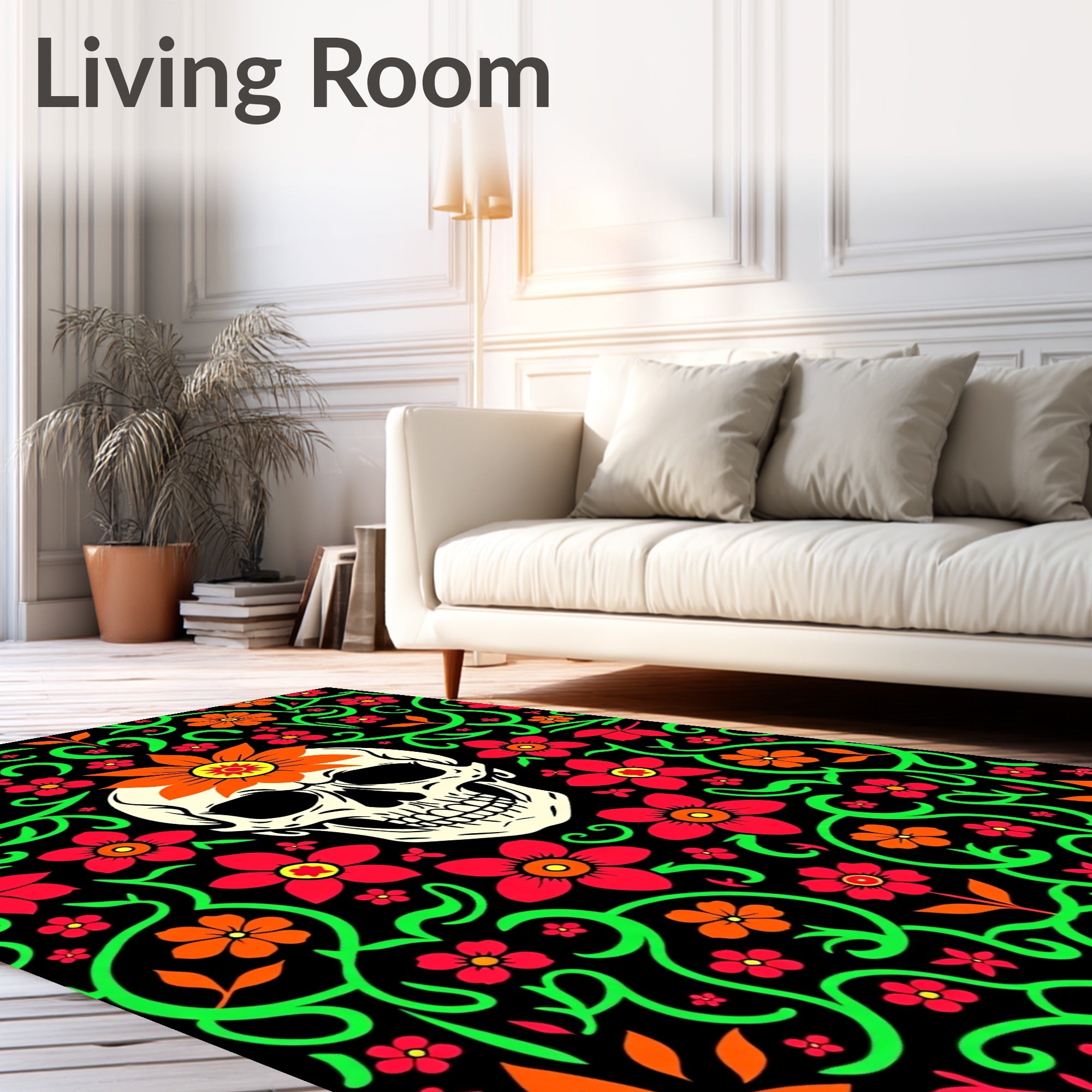 Vibrant Skull Floral Vine Statement Rug