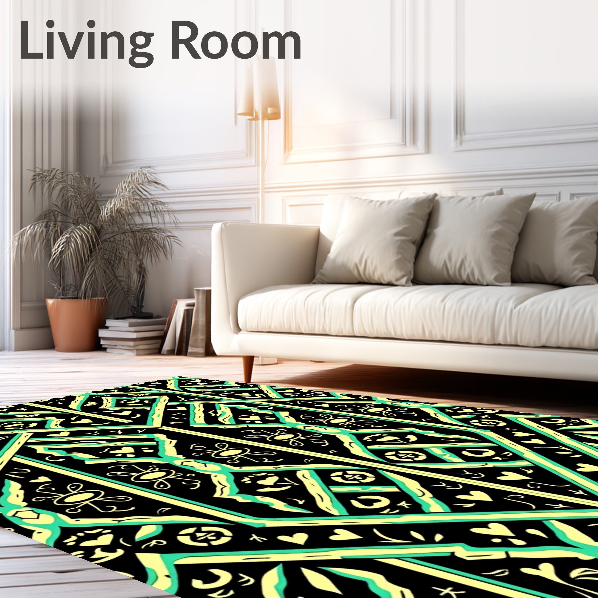 Black Teal Yellow Geometric Lattice Medallion Rug