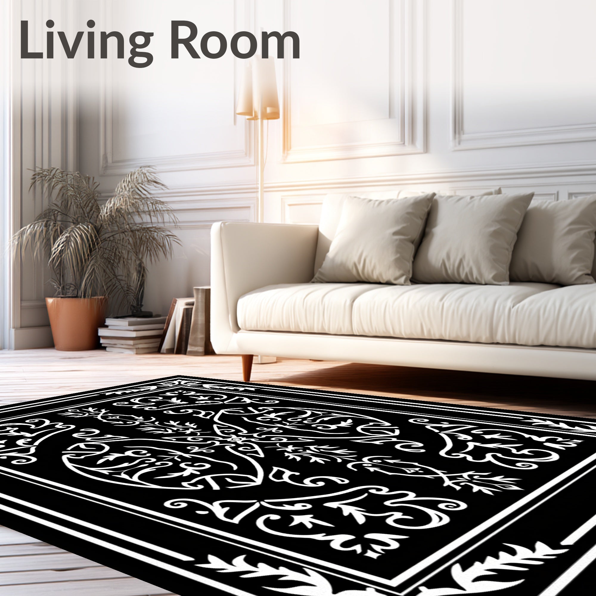 Black White Ornate Scrollwork Art Nouveau Rug