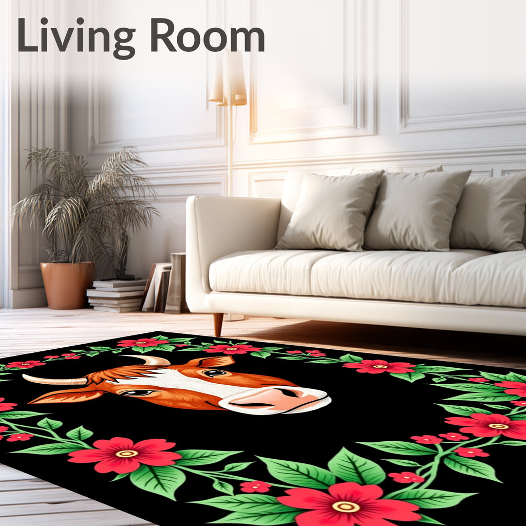 Brown Cow Floral Frame Rug