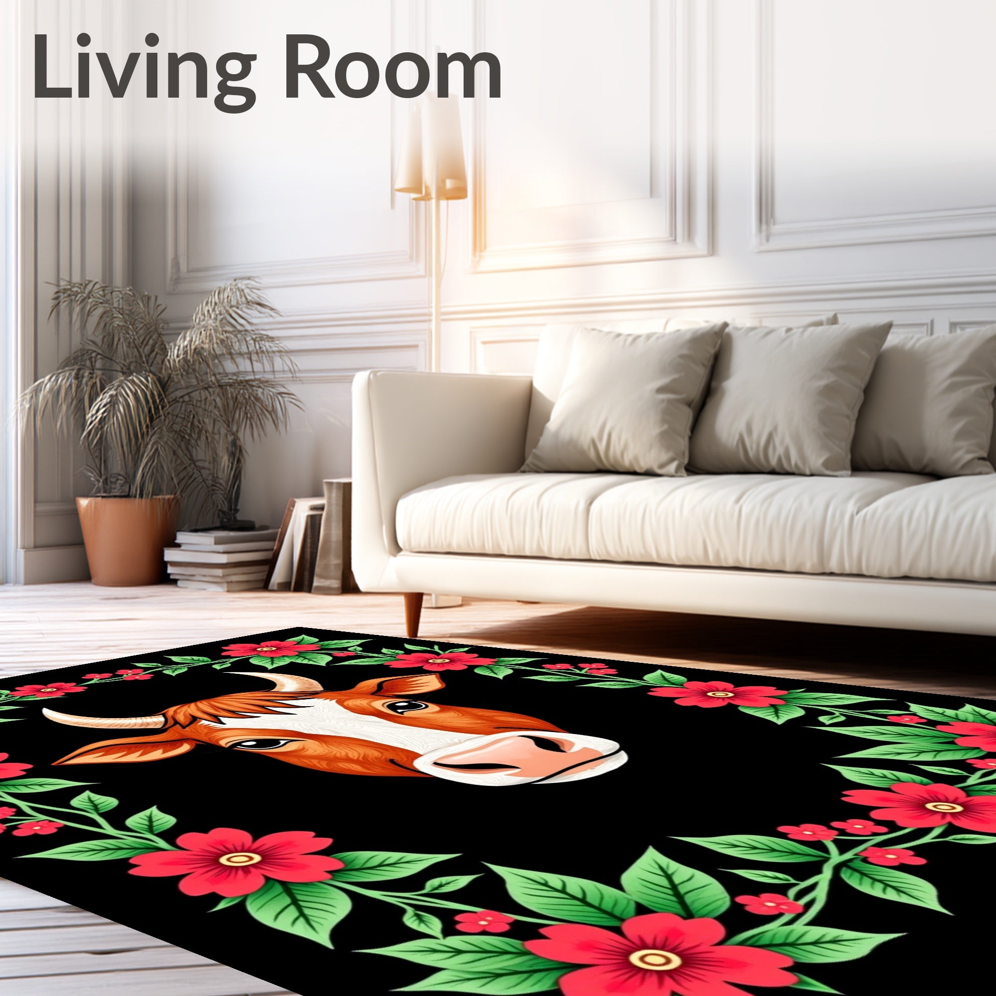 Brown Cow Floral Frame Rug