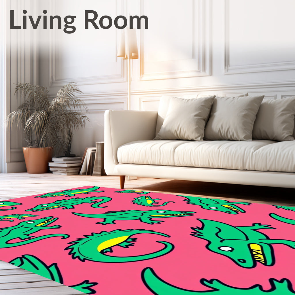 Green Alligator Whimsical Pink Background Rug