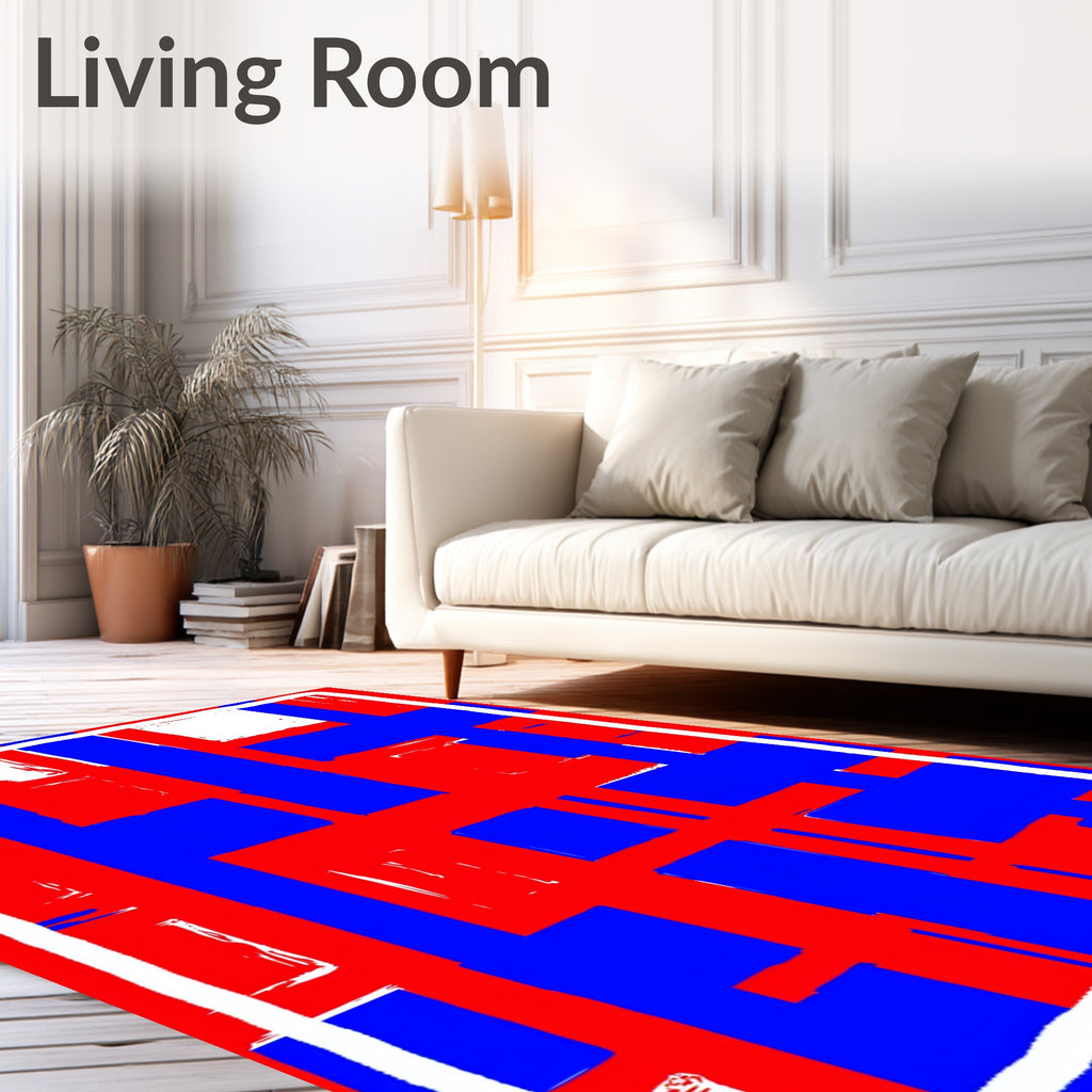 Bold Red Blue Brushstroke Grid Rug