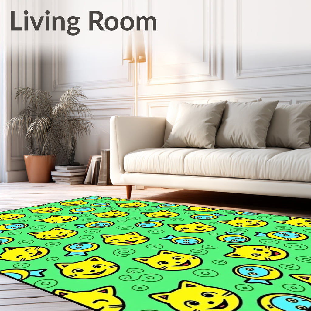 Happy Yellow Cats And Fish Rug