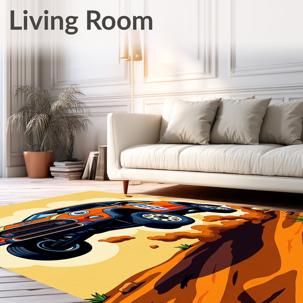 Orange Rally Car Mid-Air Jump Rug