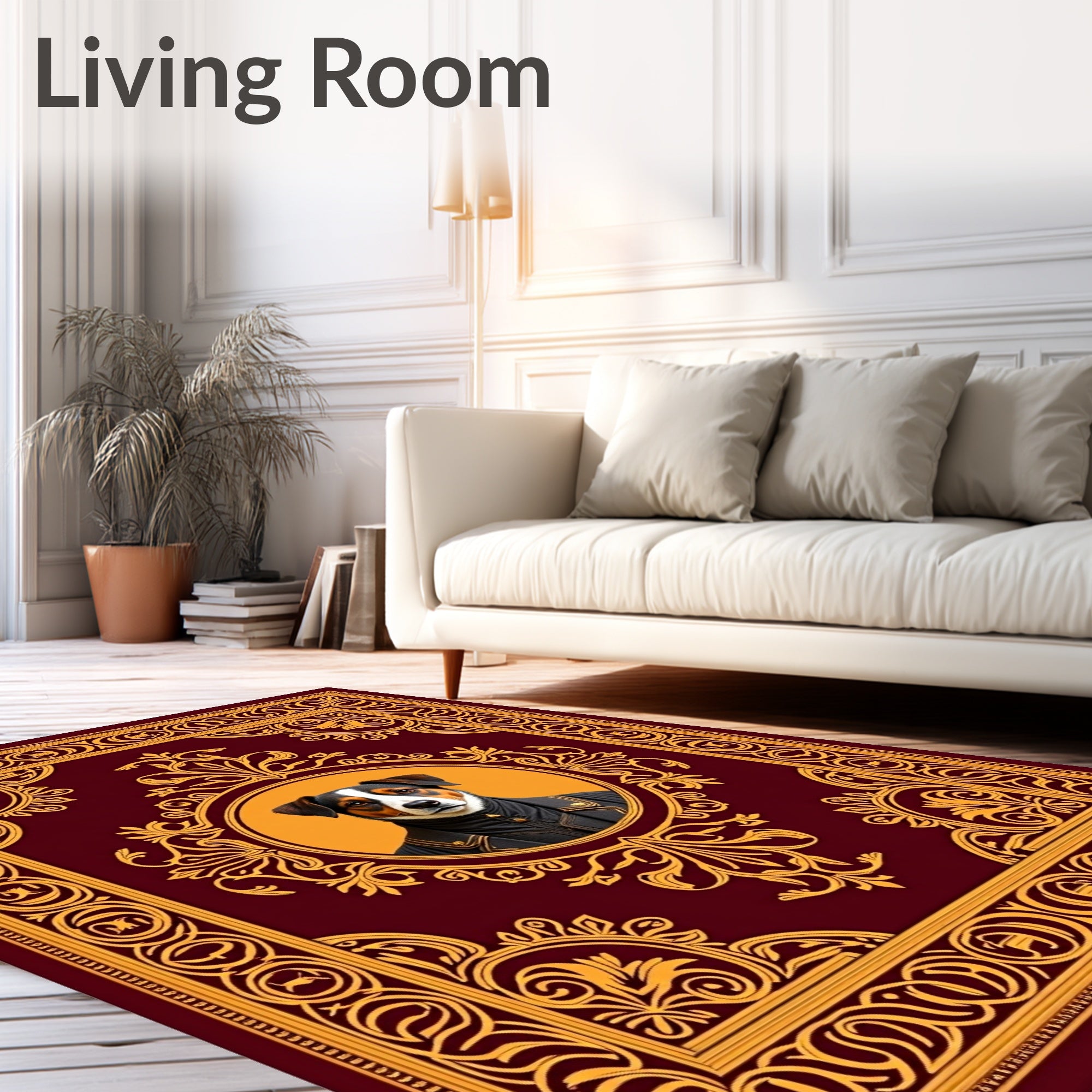 Regal Dog Portrait Burgundy Ornate Rug