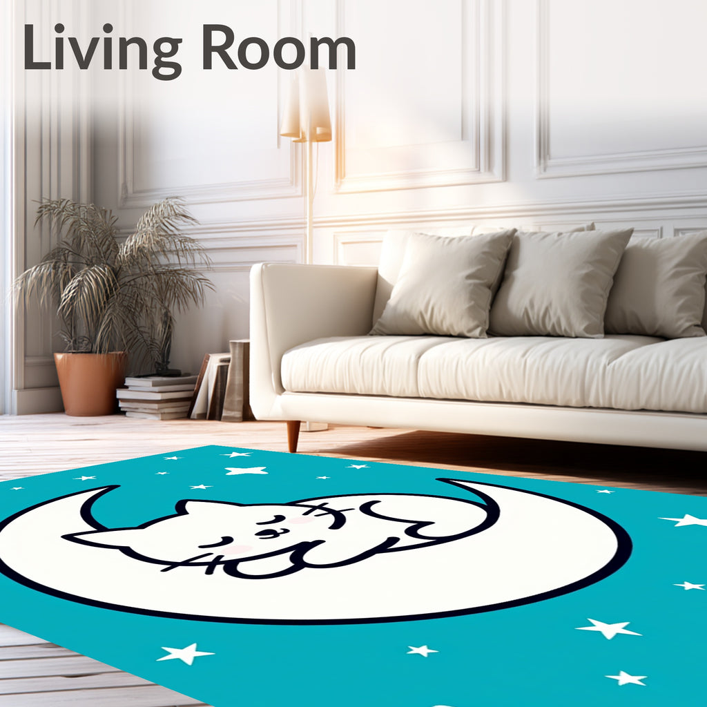 Sleeping White Cat Moon Stars Rug