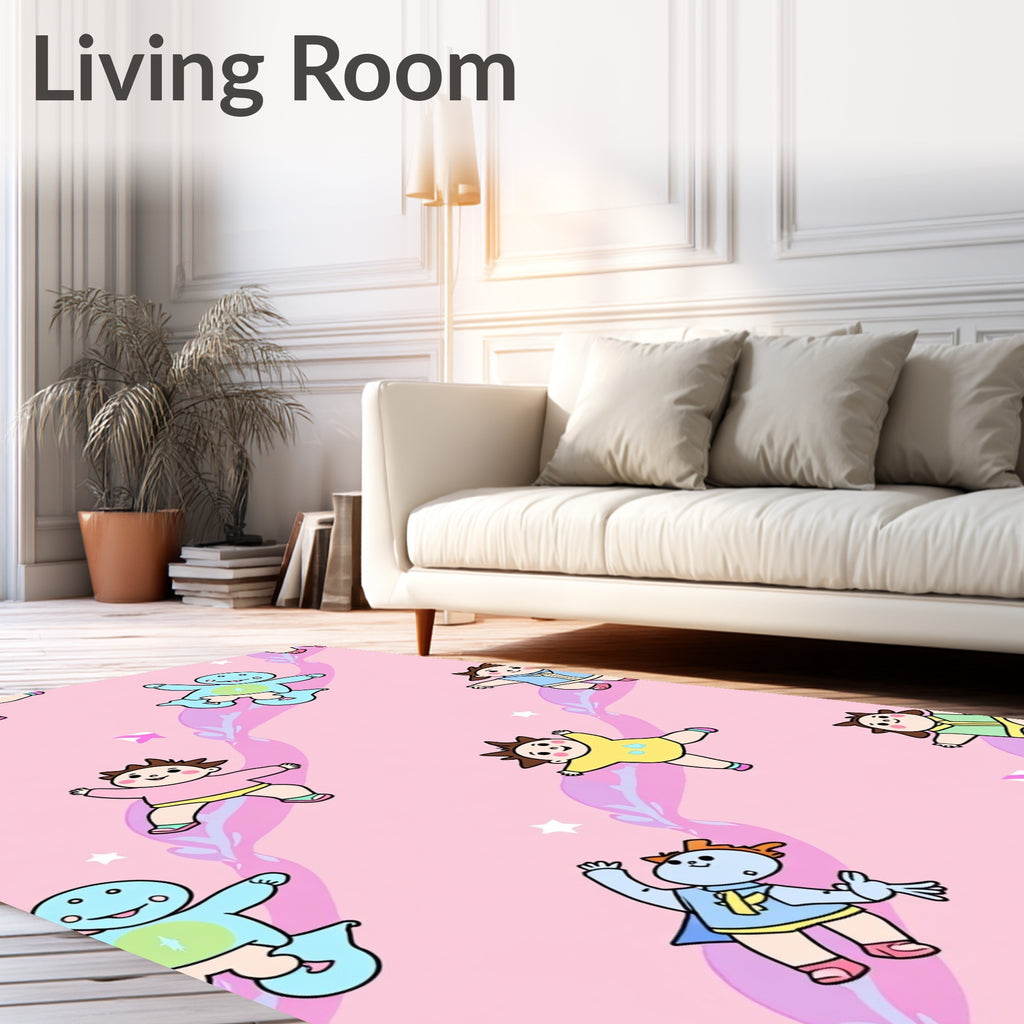 Playful Childlike Characters Pink Swirls Stars Rug