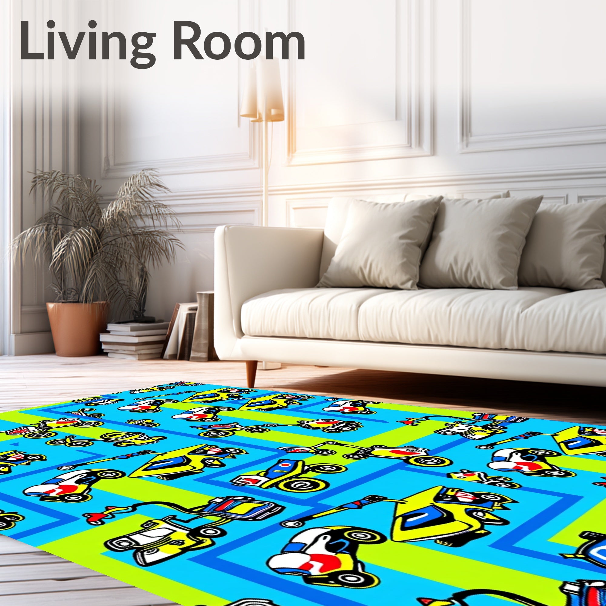 Yellow Blue Robot Vehicles On Green Background Rug