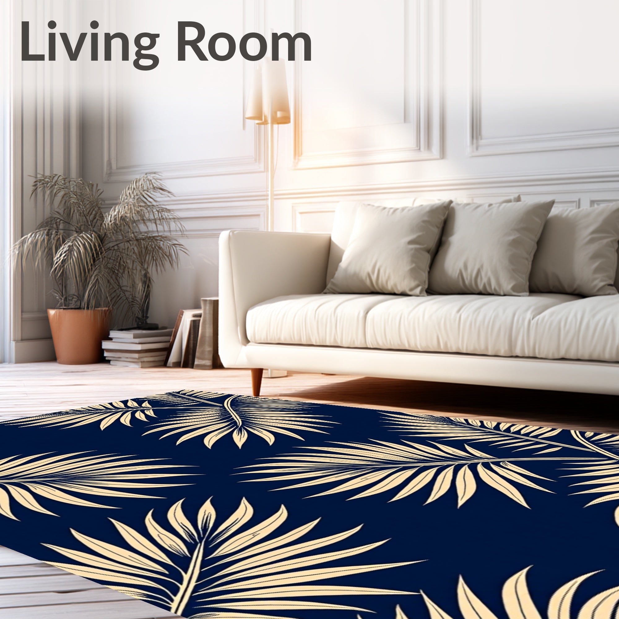 Classic Navy Palm Frond Repeating Rug