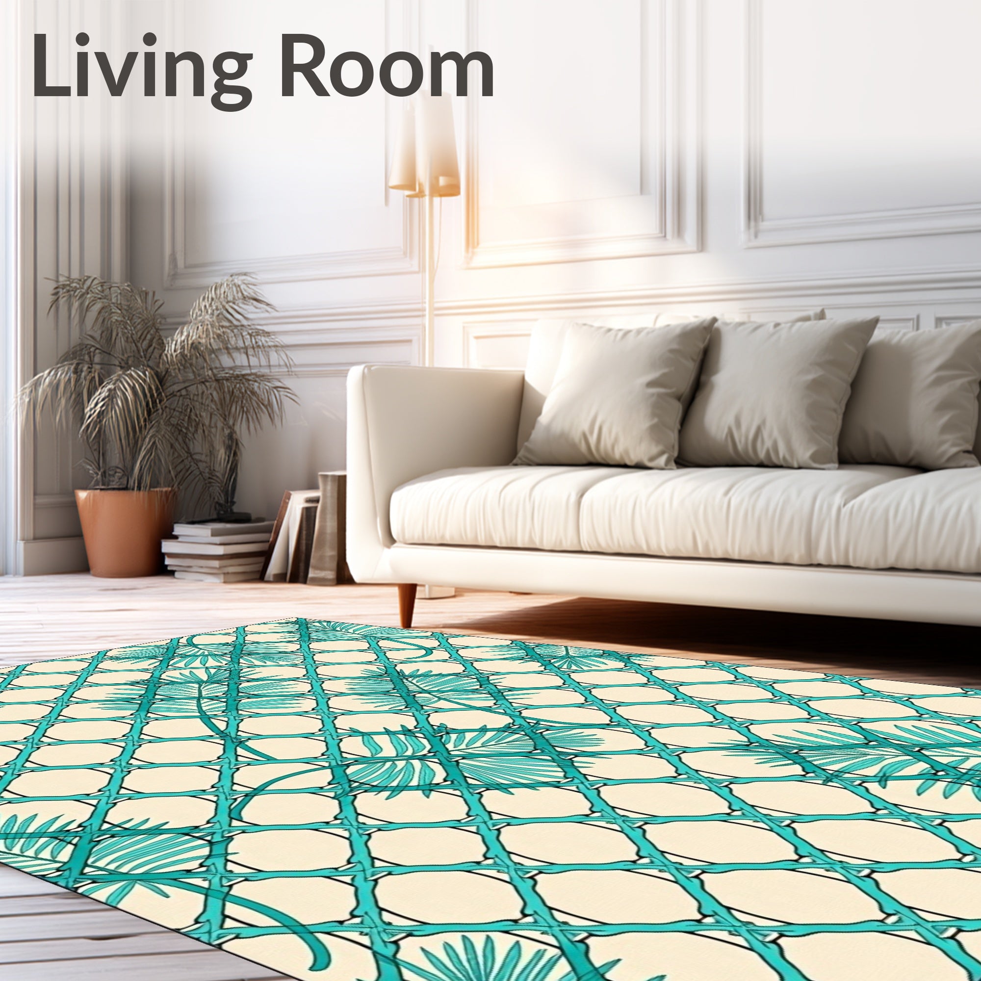 Turquoise Lattice Tropical Leaf Art Rug