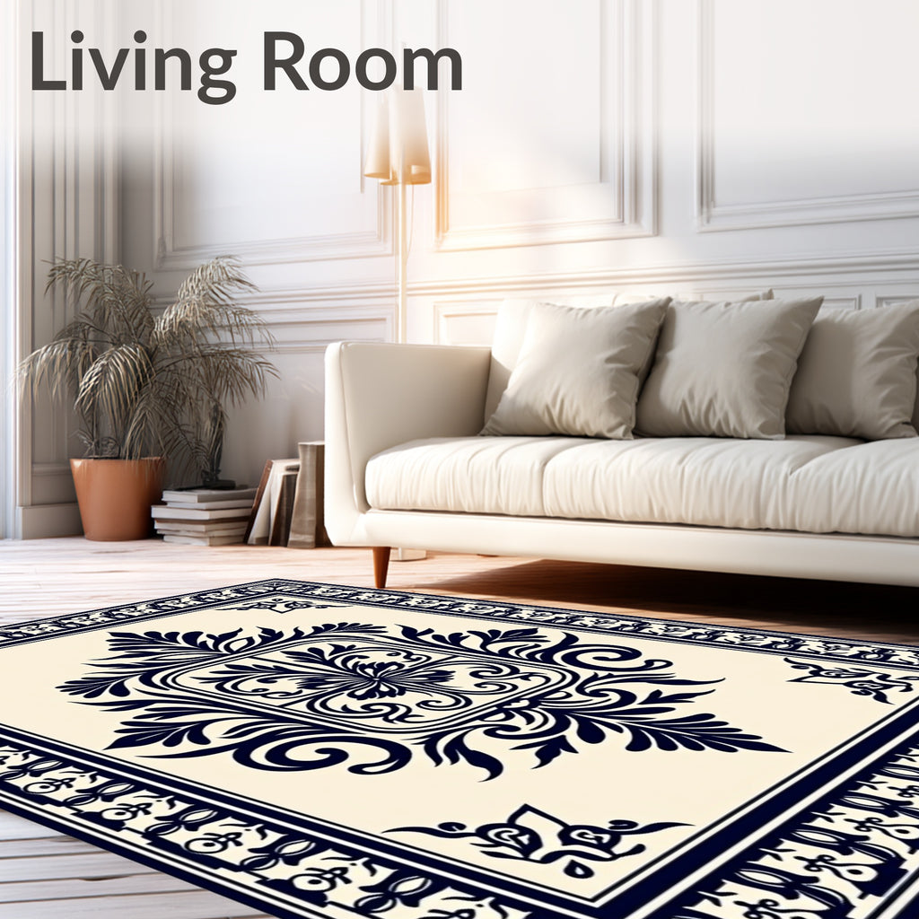 Deep Navy Cream Damask Medallion Rug
