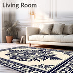 Deep Navy Cream Damask Medallion Rug
