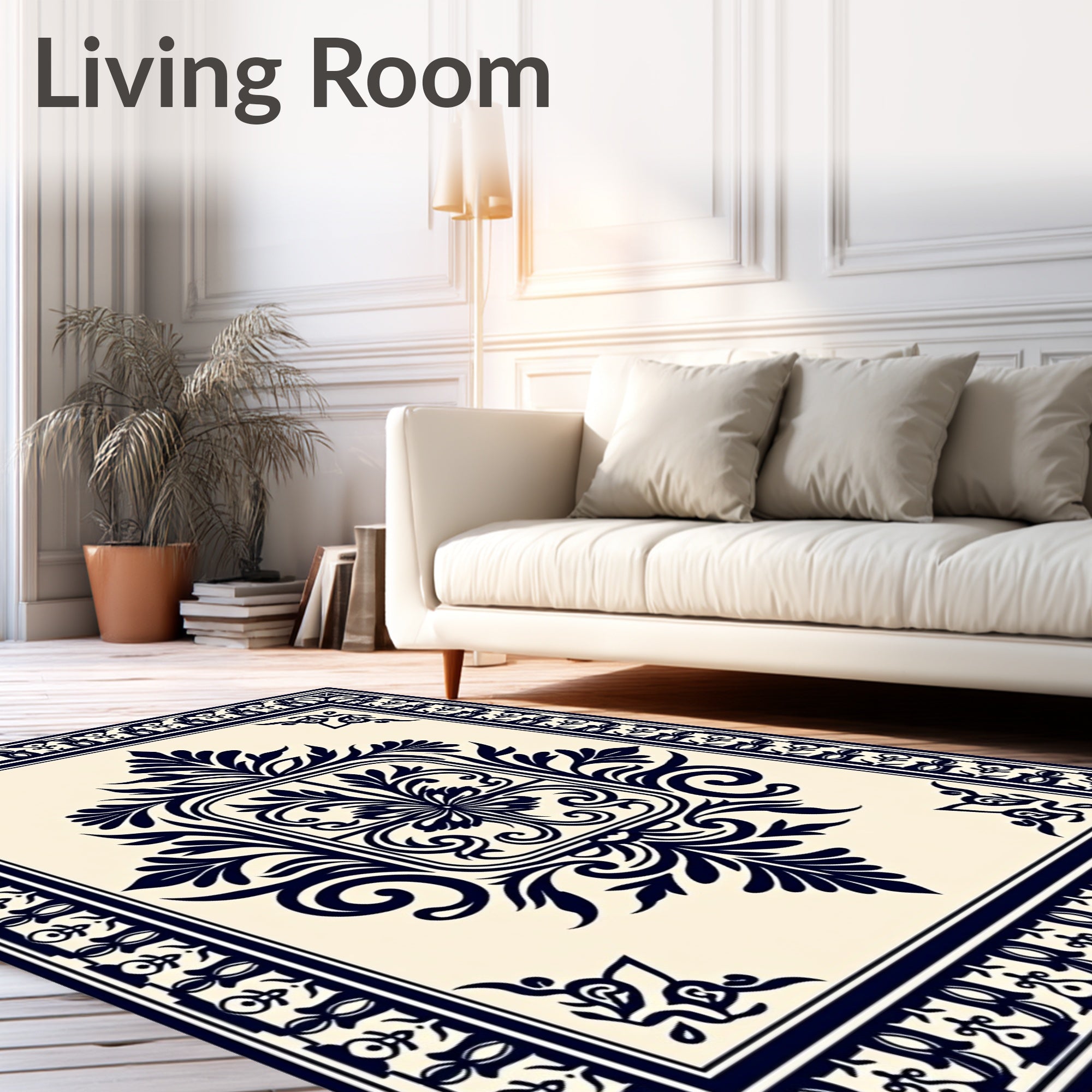 Deep Navy Cream Damask Medallion Rug