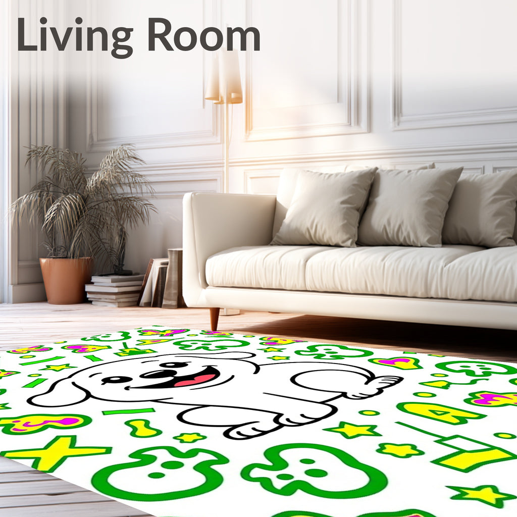 Happy White Puppy With Yellow Shapes Rug