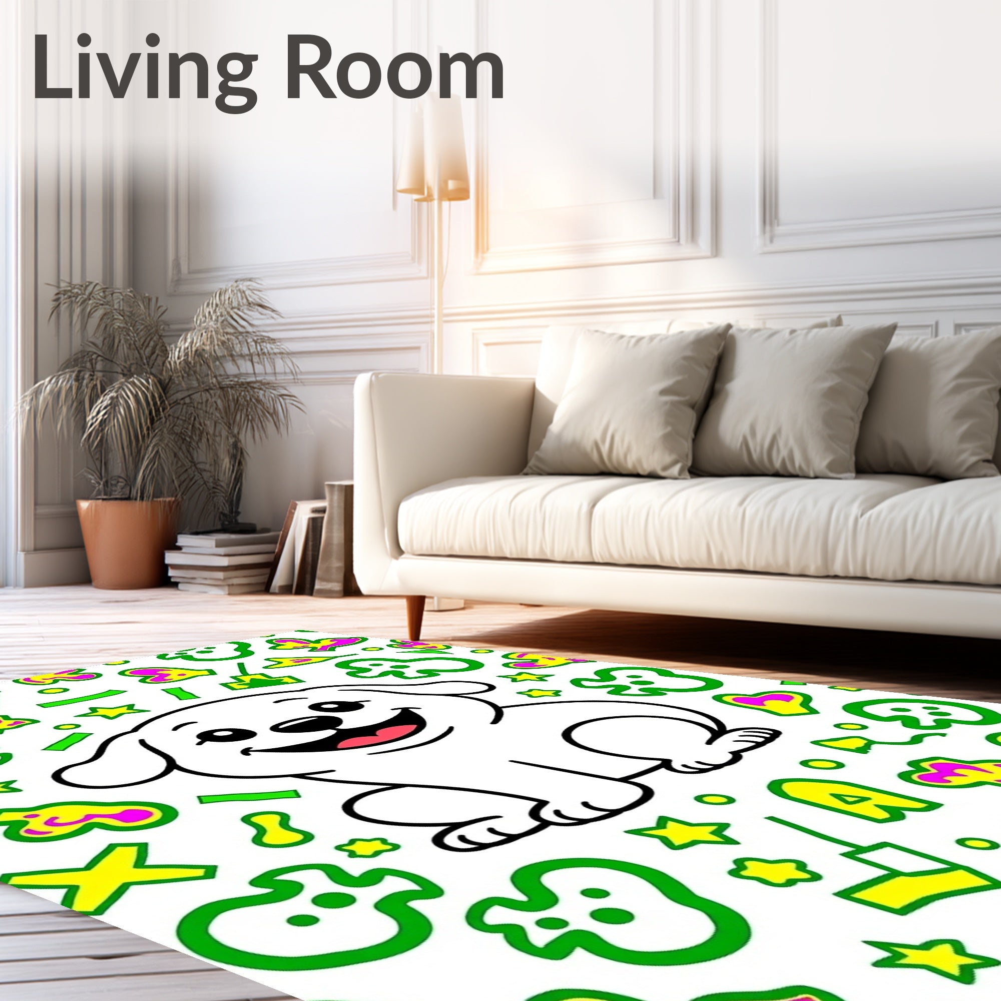 Happy White Puppy With Yellow Shapes Rug