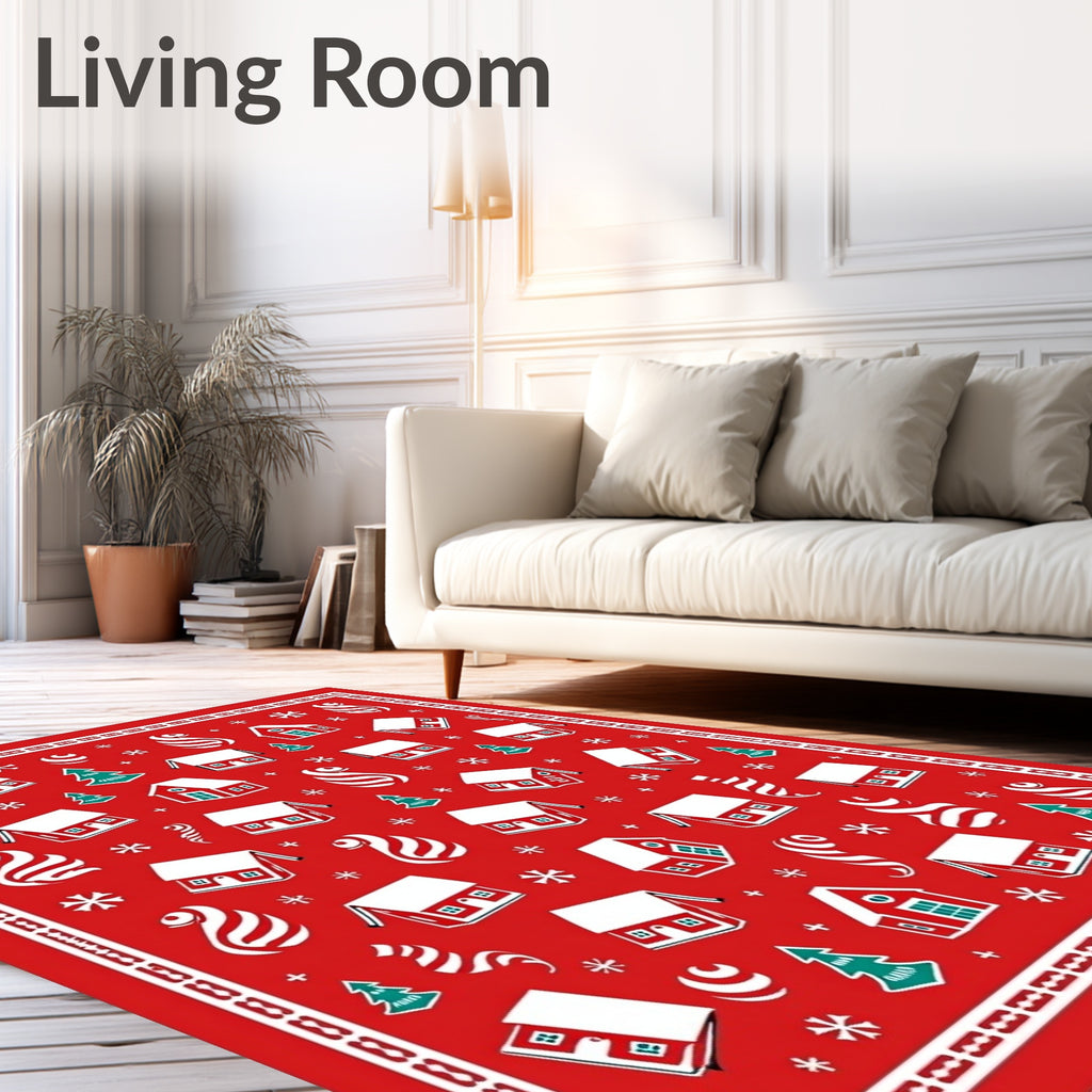Festive Red Houses Snowflakes Trees Swirls Rug
