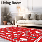 Festive Red Houses Snowflakes Trees Swirls Rug
