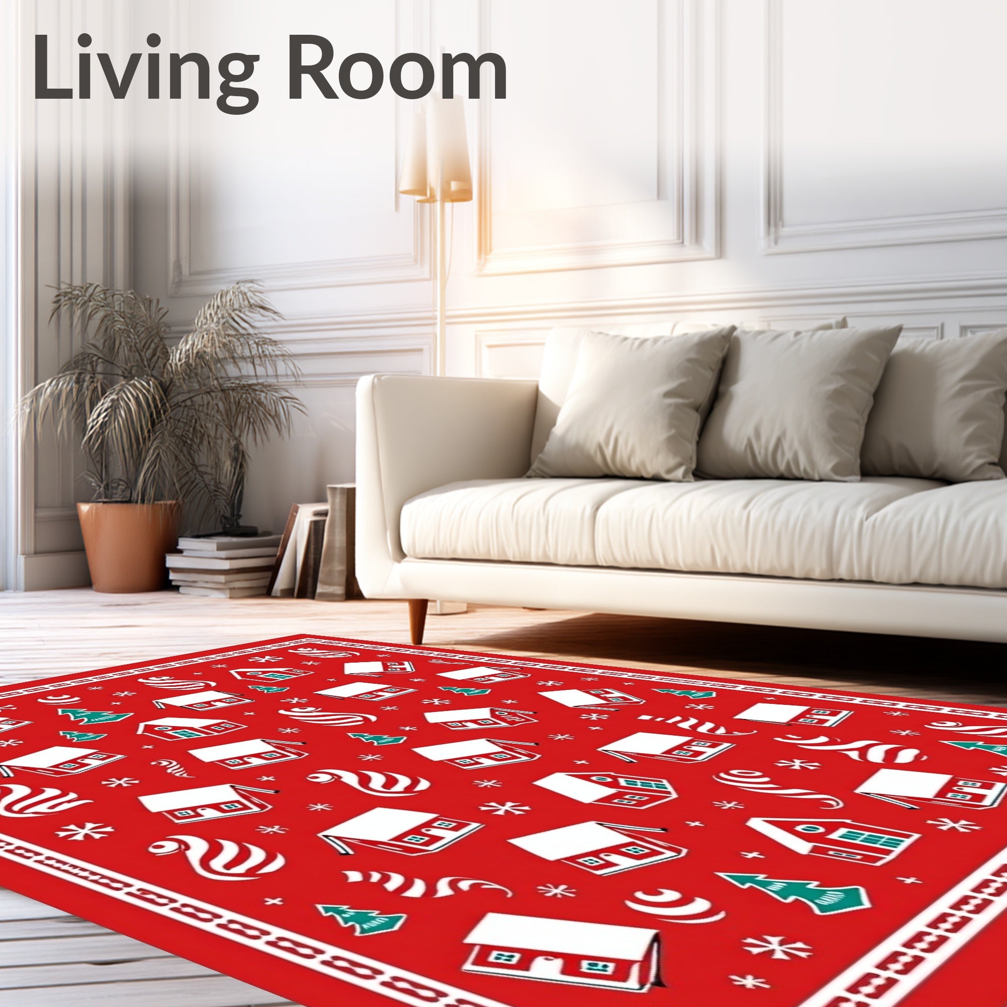 Festive Red Houses Snowflakes Trees Swirls Rug