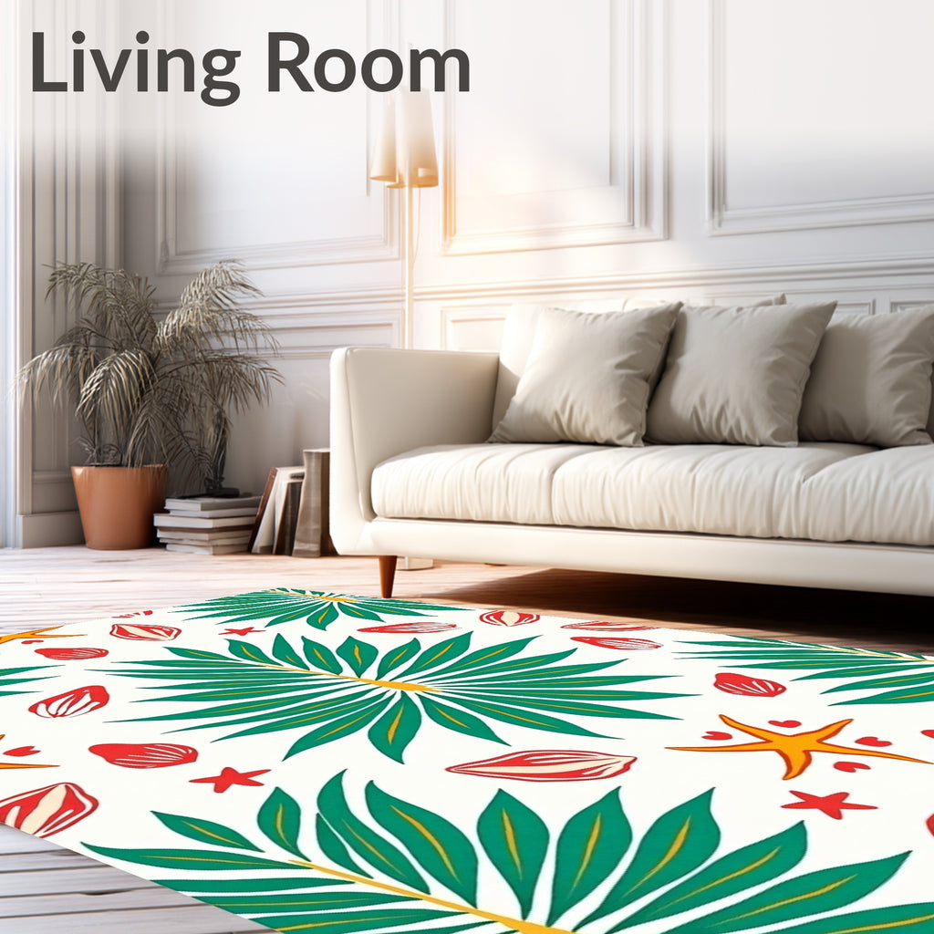 Tropical Green Palm Starfish Shells Rug