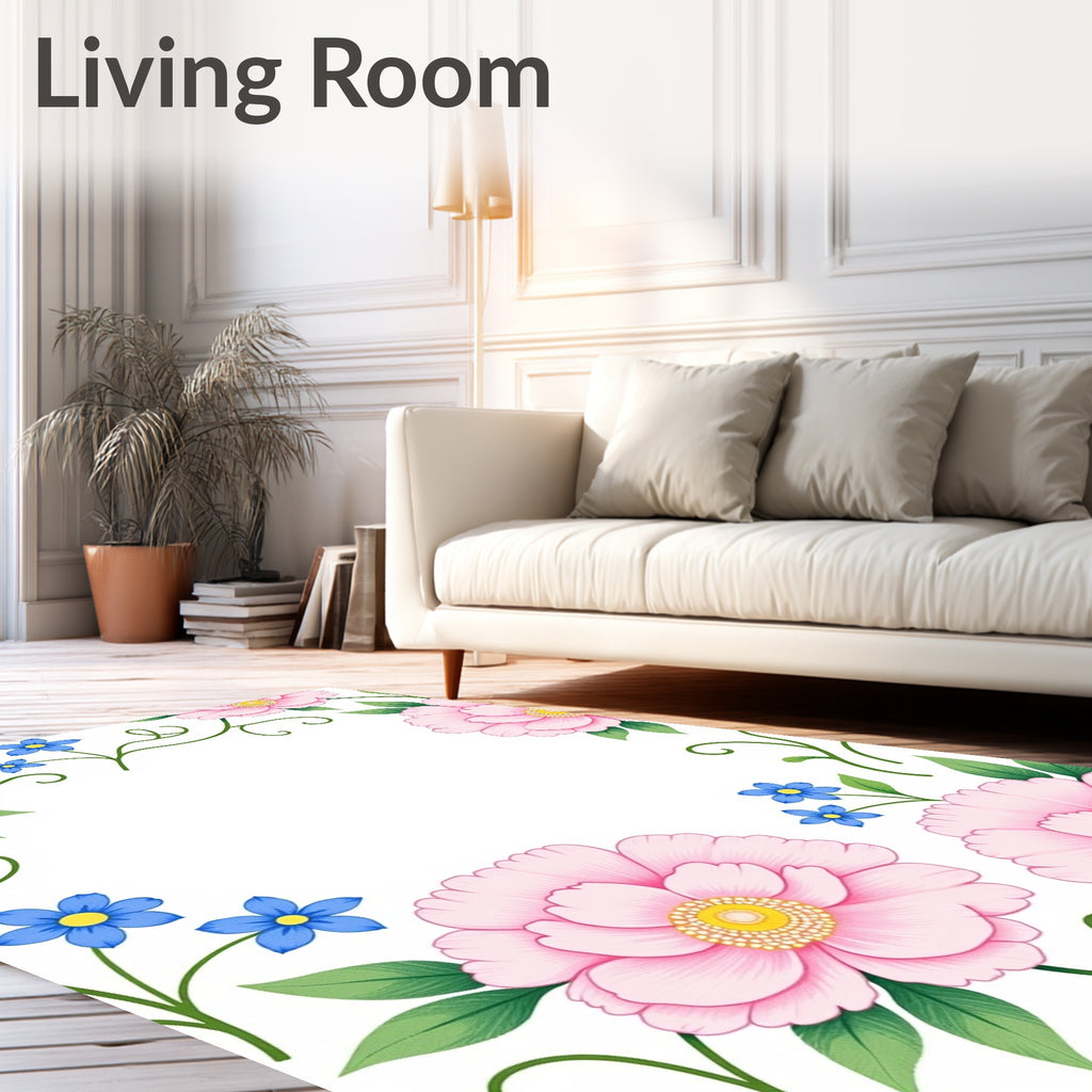 Pale Pink Peony Blue Blossom Garden Rug
