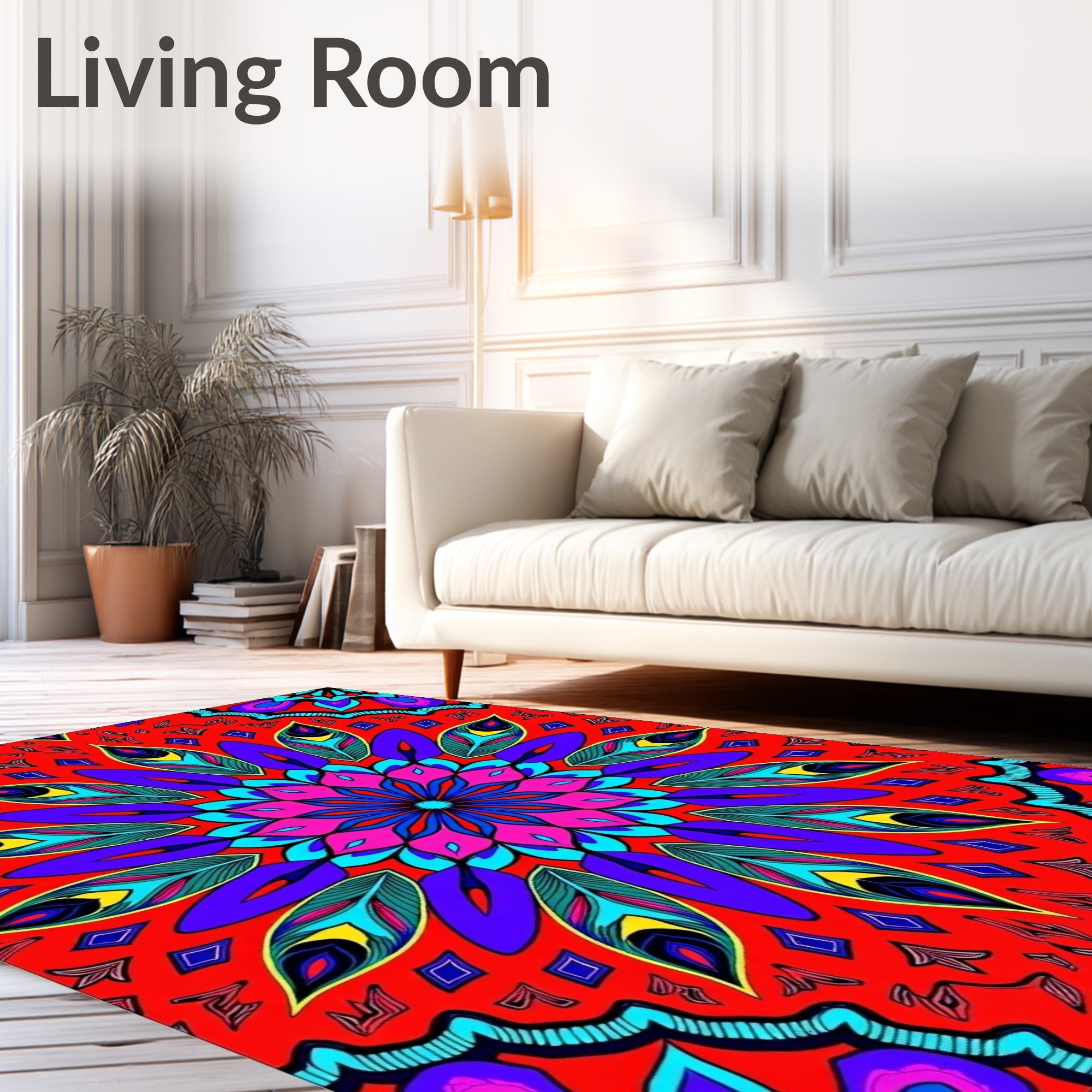 Vibrant Red Feathered Mandala Rug