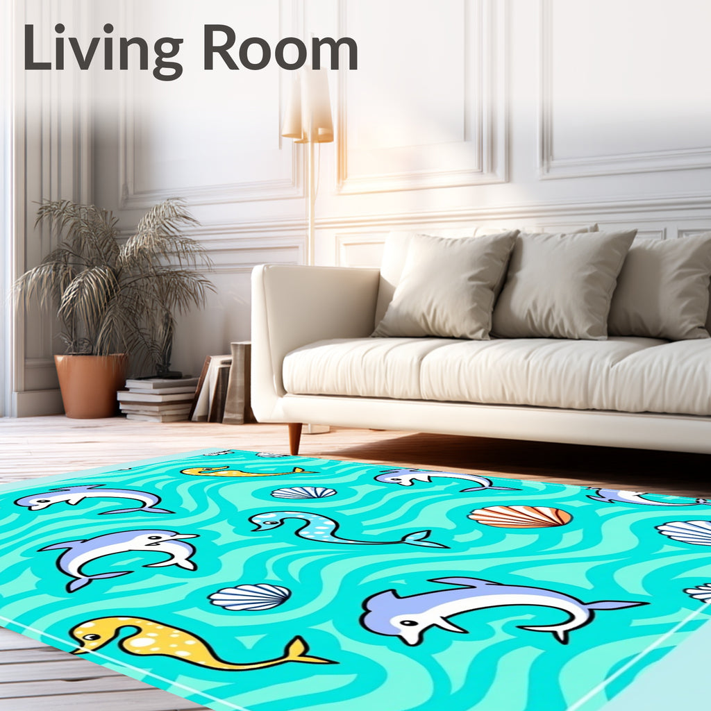 Turquoise Dolphin Shell Wave Scene Rug
