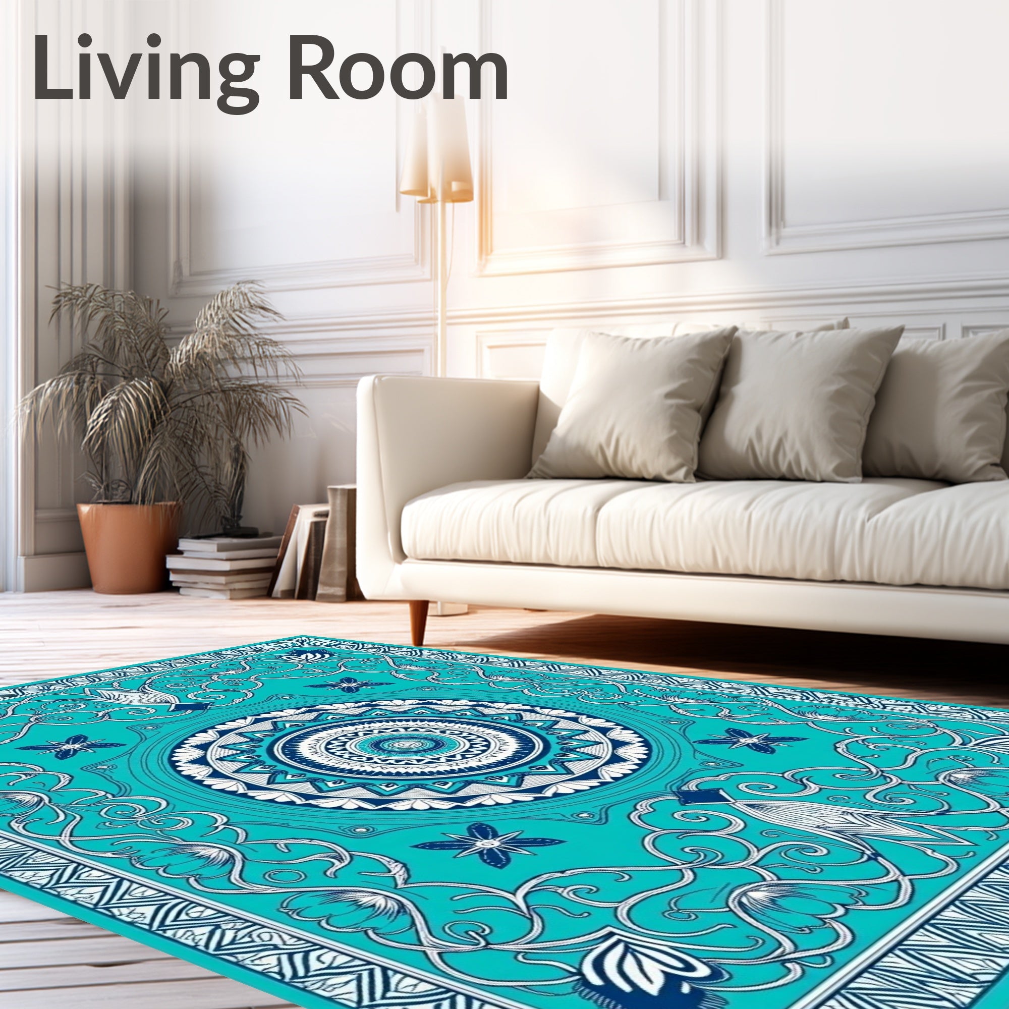 Ocean Blue Mandala Floral Scroll Rug