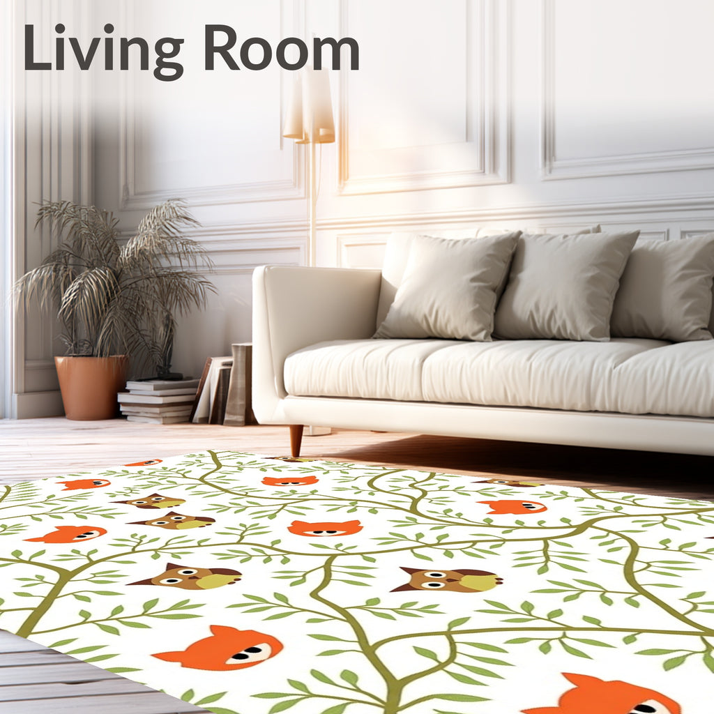 Whimsical Fox Owl Tree Branches Rug