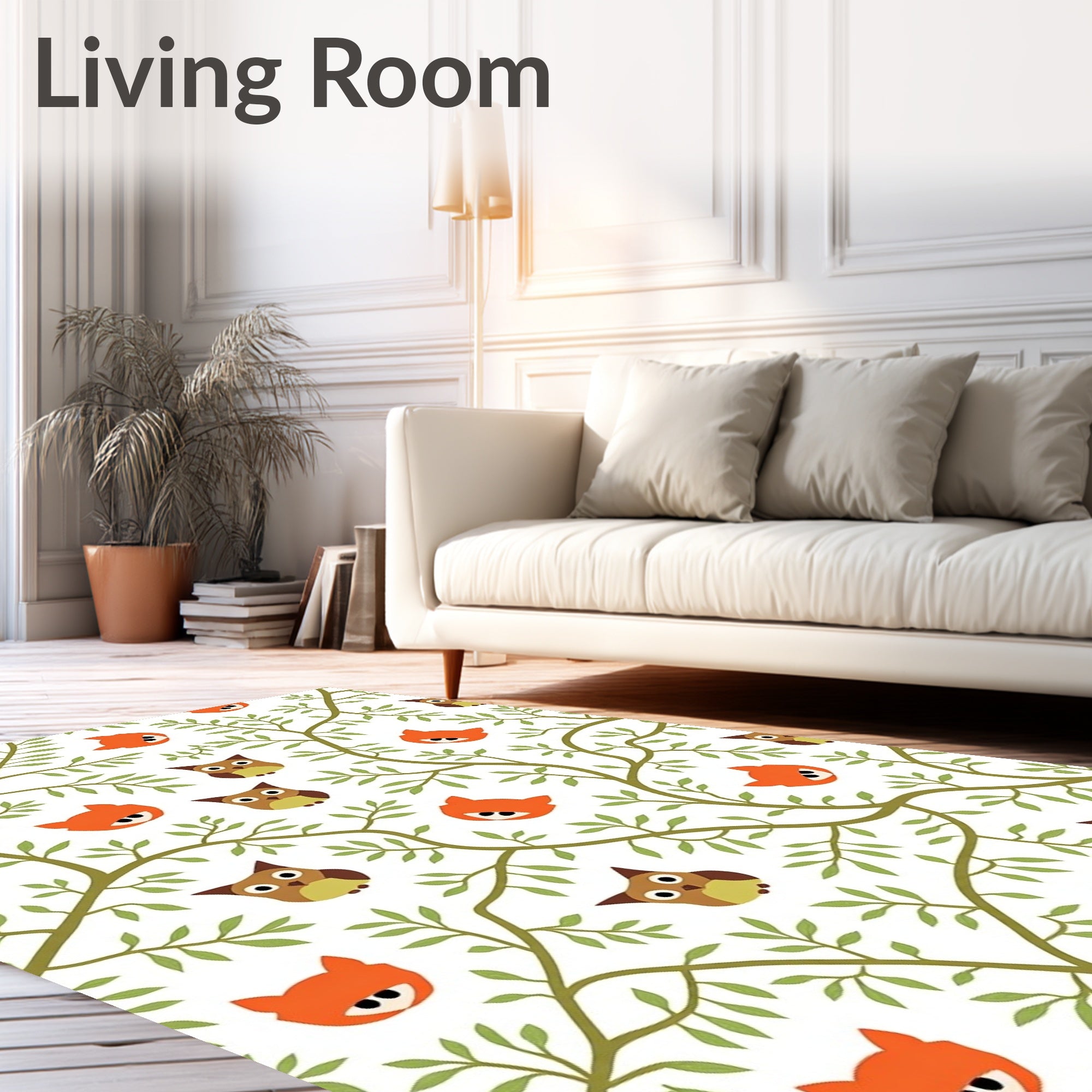 Whimsical Fox Owl Tree Branches Rug