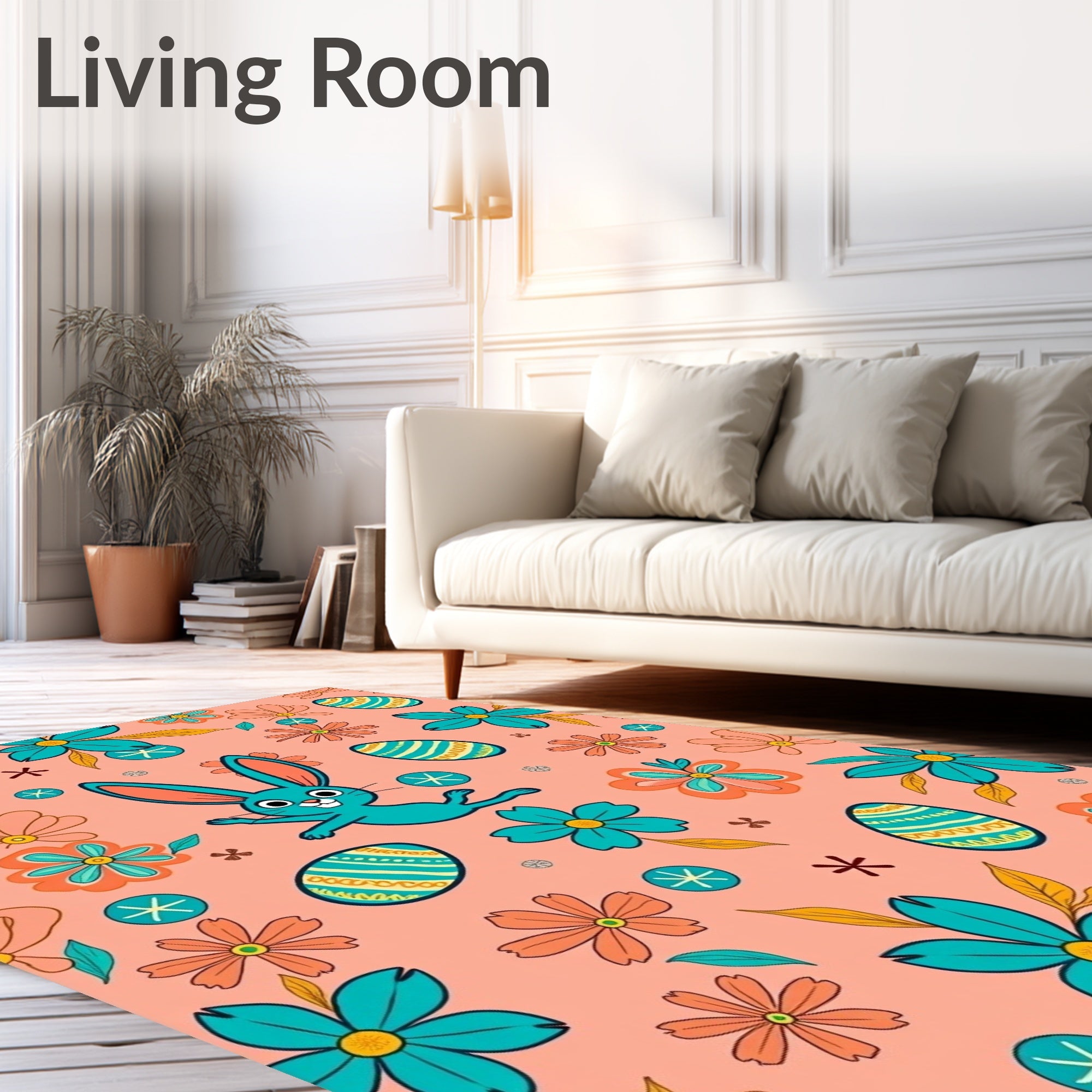 Playful Turquoise Bunny Floral Egg Medley Rug