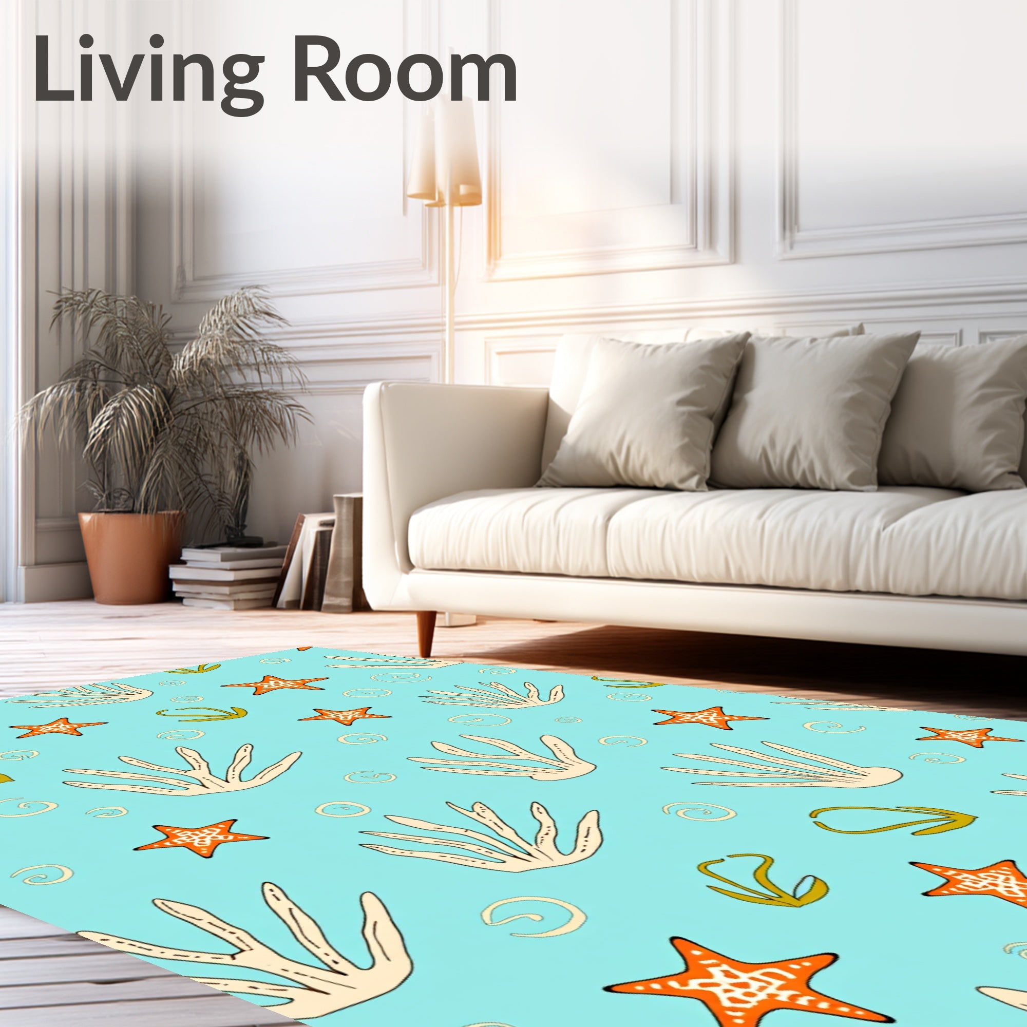 Coastal Coral Starfish Swirl Turquoise Rug
