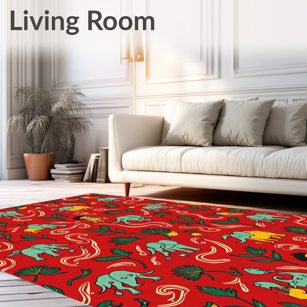 Jungle Elephants And Figures On Red Rug