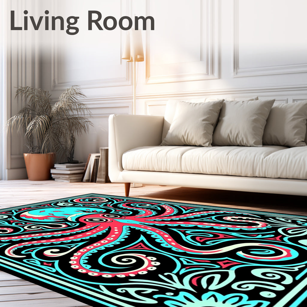 Vibrant Red Octopus Swirl Border Rug