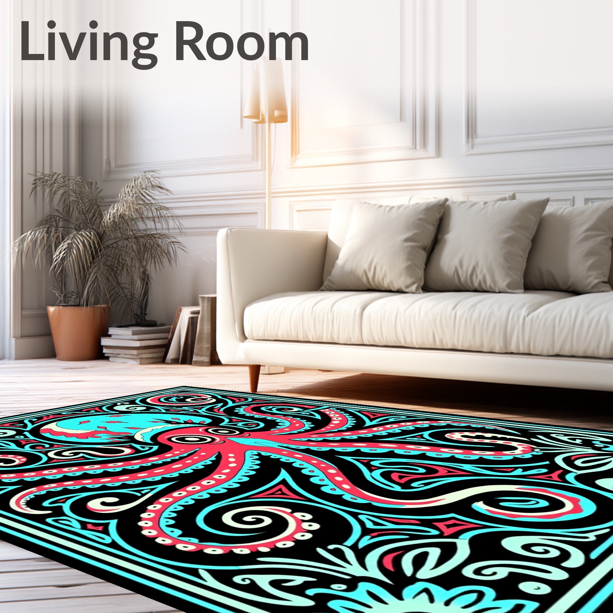 Vibrant Red Octopus Swirl Border Rug