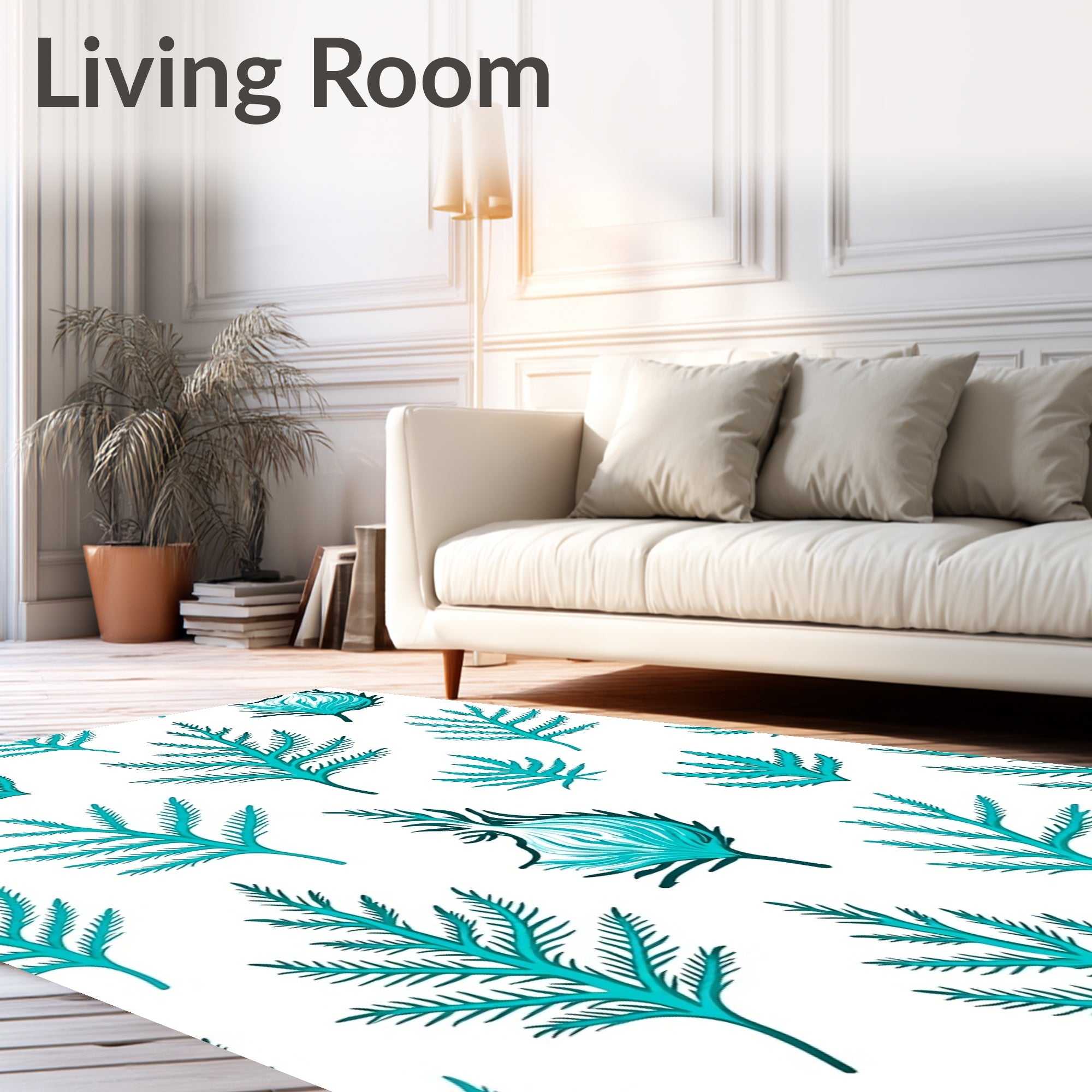 Teal Feather Fern Organic Arrangement Rug