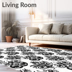 Black White Vintage Floral Scroll Rug